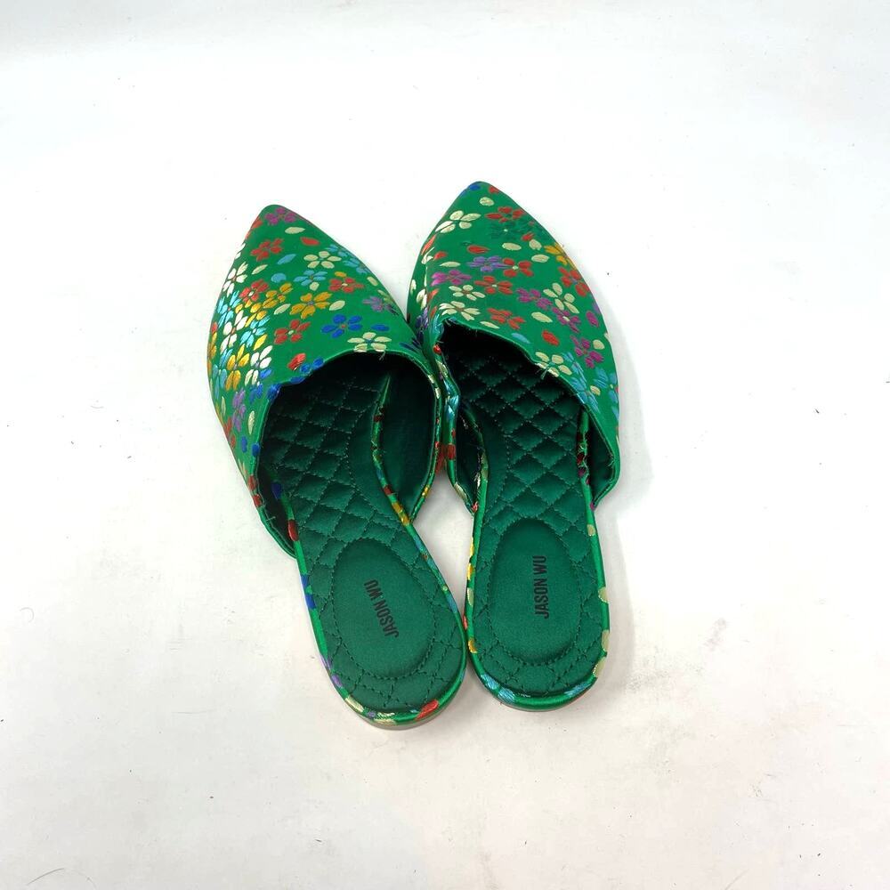 Jason Wu Green Metallic Floral Print Satin Slipper Mules Size US 7 - Picture 4 of 6
